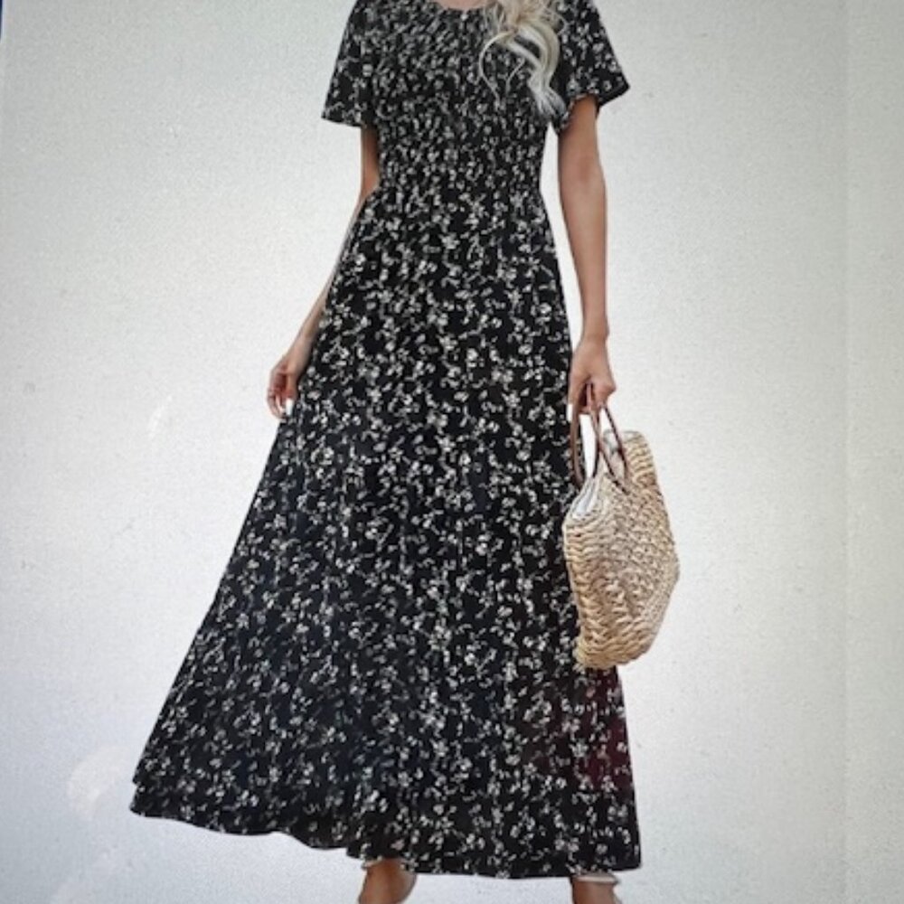 Kranda Women Maxi Dress  Flutter Short Sleeve Smocked Ruffle Tiered  Floral